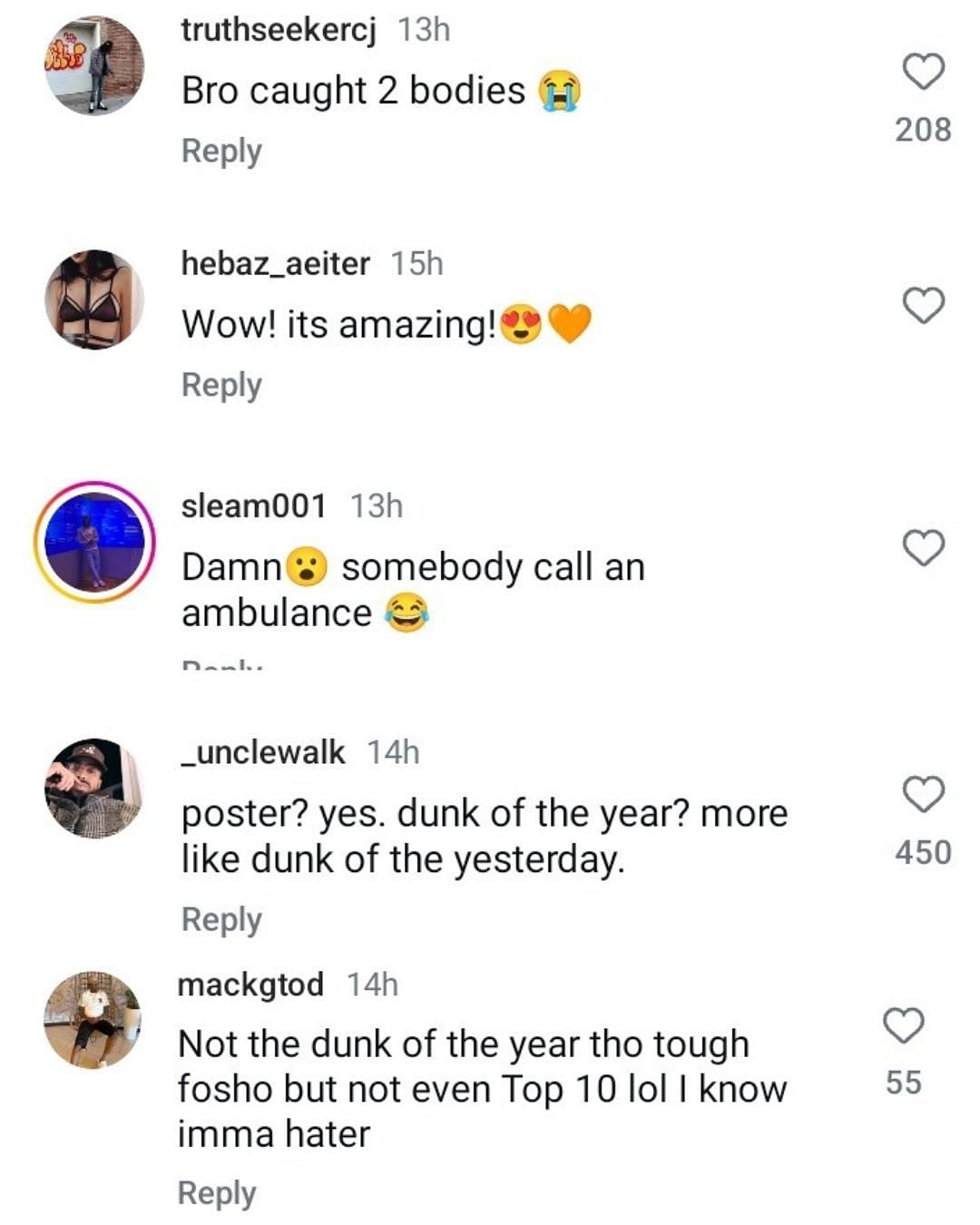 Hoops fans react to Tytan McNeal's dunk. (Image via Instagran @nbafuturestartsnow)
